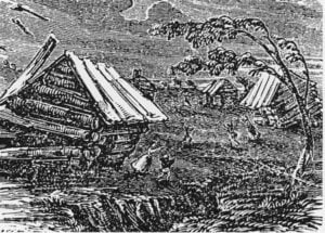 A woodcut depicting the New Madrid earthquakes' devastation.