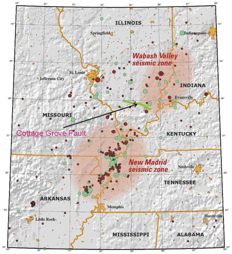 Map of New Madrid seismic zone and Wabash Valley seismic zones showing subsequent earthquakes.
