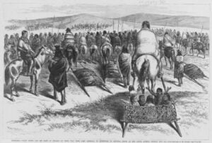 Sketch of Crazy Horse and his band of warriors on their way from Camp Sheridan to surrender to General Crook at Red Cloud Agency