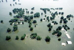The 1993 flooding of Kaskaskia, Illinois' first capital. This village was moved from the original site of the town.