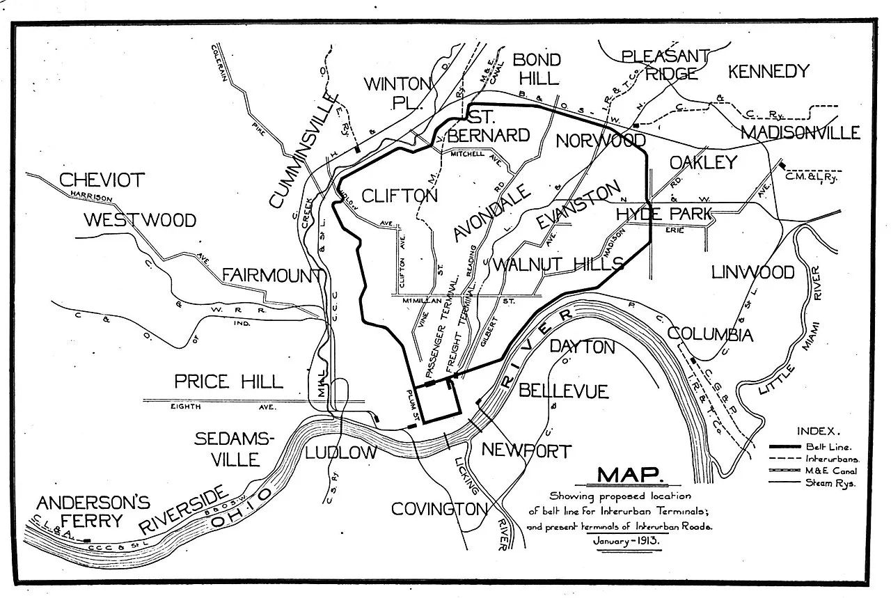 A 1910s map of Cincinnati's proposed subway system