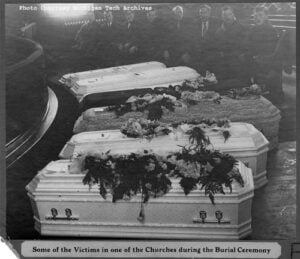 A photo of coffins of the victims of the Italian Hall disaster. 1913.